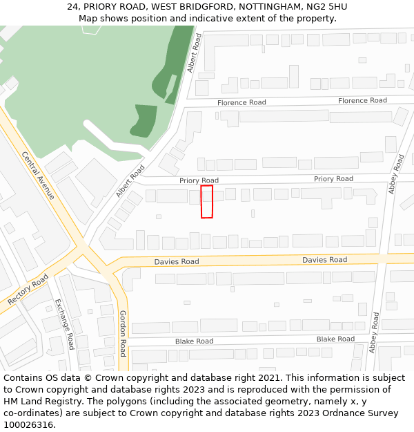 24, PRIORY ROAD, WEST BRIDGFORD, NOTTINGHAM, NG2 5HU: Location map and indicative extent of plot