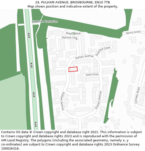 24, PULHAM AVENUE, BROXBOURNE, EN10 7TB: Location map and indicative extent of plot
