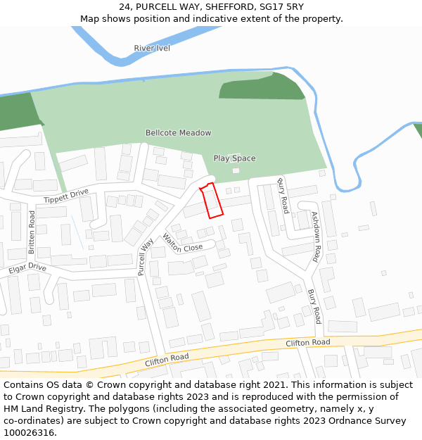 24, PURCELL WAY, SHEFFORD, SG17 5RY: Location map and indicative extent of plot