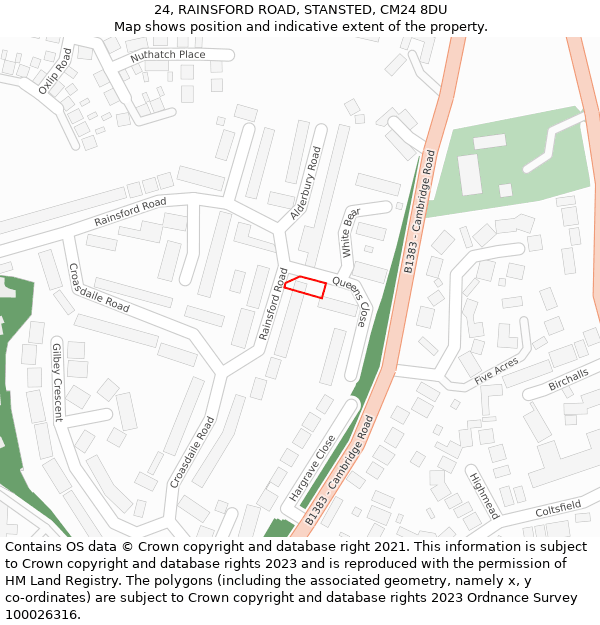 24, RAINSFORD ROAD, STANSTED, CM24 8DU: Location map and indicative extent of plot