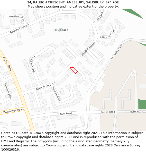 24, RALEIGH CRESCENT, AMESBURY, SALISBURY, SP4 7QE: Location map and indicative extent of plot