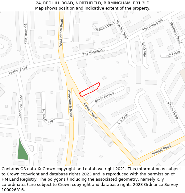 24, REDHILL ROAD, NORTHFIELD, BIRMINGHAM, B31 3LD: Location map and indicative extent of plot