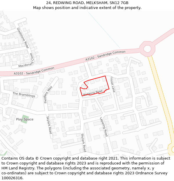 24, REDWING ROAD, MELKSHAM, SN12 7GB: Location map and indicative extent of plot