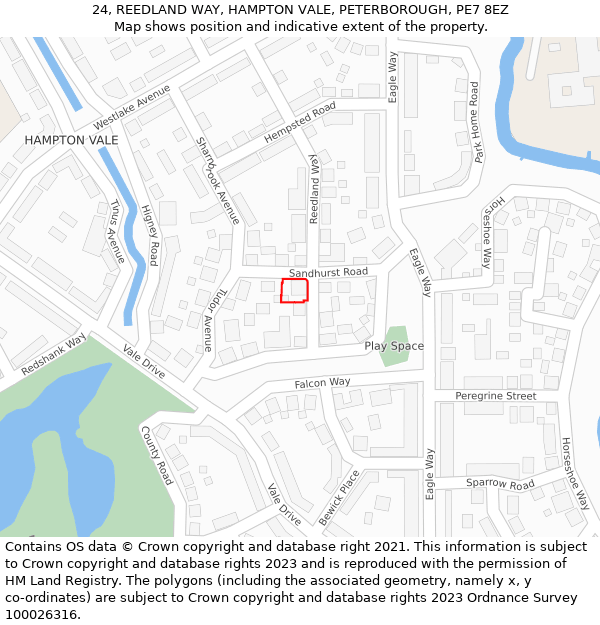 24, REEDLAND WAY, HAMPTON VALE, PETERBOROUGH, PE7 8EZ: Location map and indicative extent of plot