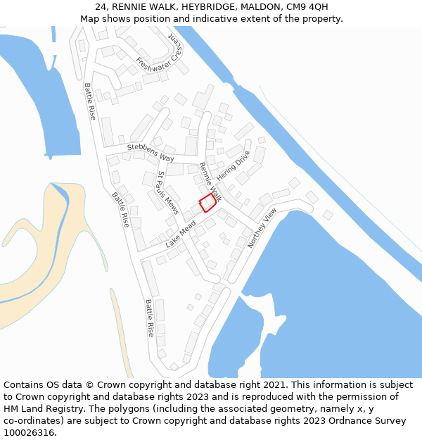 24, RENNIE WALK, HEYBRIDGE, MALDON, CM9 4QH: Location map and indicative extent of plot
