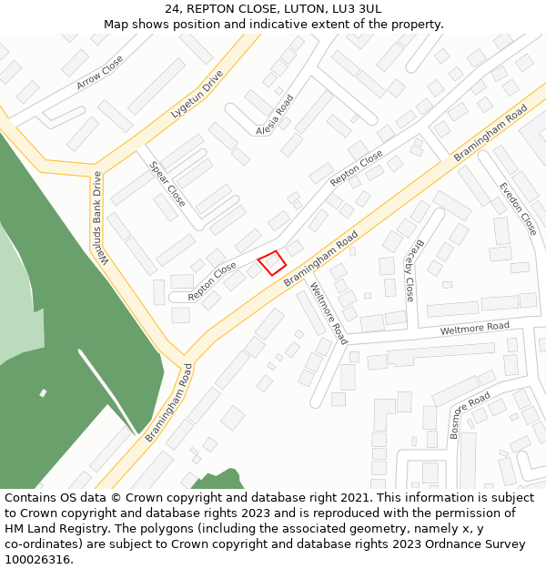 24, REPTON CLOSE, LUTON, LU3 3UL: Location map and indicative extent of plot