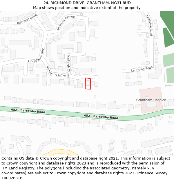 24, RICHMOND DRIVE, GRANTHAM, NG31 8UD: Location map and indicative extent of plot