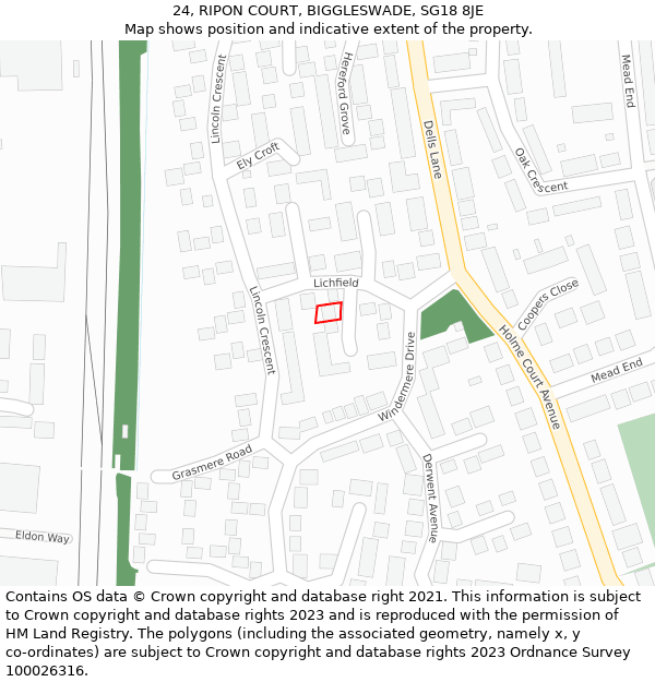 24, RIPON COURT, BIGGLESWADE, SG18 8JE: Location map and indicative extent of plot