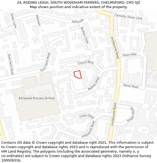 24, RODING LEIGH, SOUTH WOODHAM FERRERS, CHELMSFORD, CM3 5JZ: Location map and indicative extent of plot