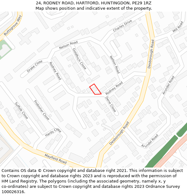 24, RODNEY ROAD, HARTFORD, HUNTINGDON, PE29 1RZ: Location map and indicative extent of plot