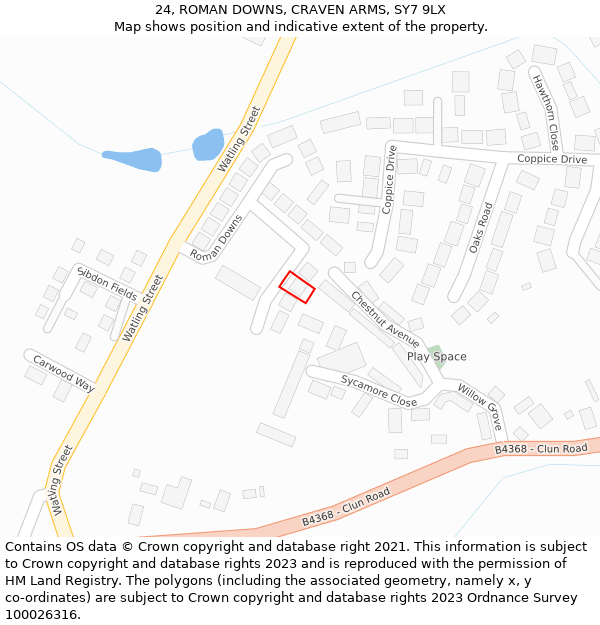 24, ROMAN DOWNS, CRAVEN ARMS, SY7 9LX: Location map and indicative extent of plot