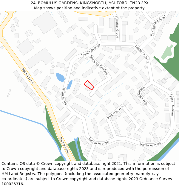 24, ROMULUS GARDENS, KINGSNORTH, ASHFORD, TN23 3PX: Location map and indicative extent of plot