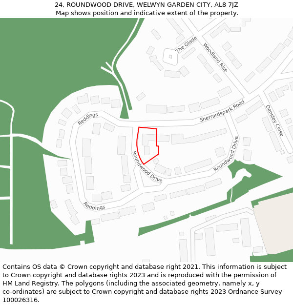 24, ROUNDWOOD DRIVE, WELWYN GARDEN CITY, AL8 7JZ: Location map and indicative extent of plot