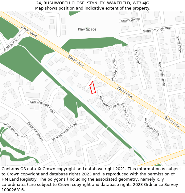 24, RUSHWORTH CLOSE, STANLEY, WAKEFIELD, WF3 4JG: Location map and indicative extent of plot