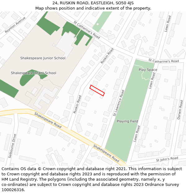 24, RUSKIN ROAD, EASTLEIGH, SO50 4JS: Location map and indicative extent of plot