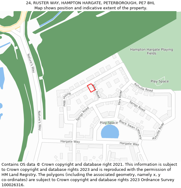 24, RUSTER WAY, HAMPTON HARGATE, PETERBOROUGH, PE7 8HL: Location map and indicative extent of plot