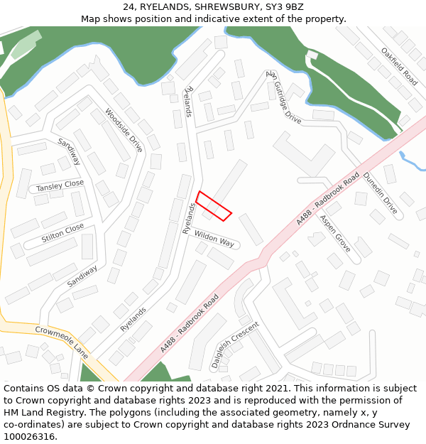 24, RYELANDS, SHREWSBURY, SY3 9BZ: Location map and indicative extent of plot