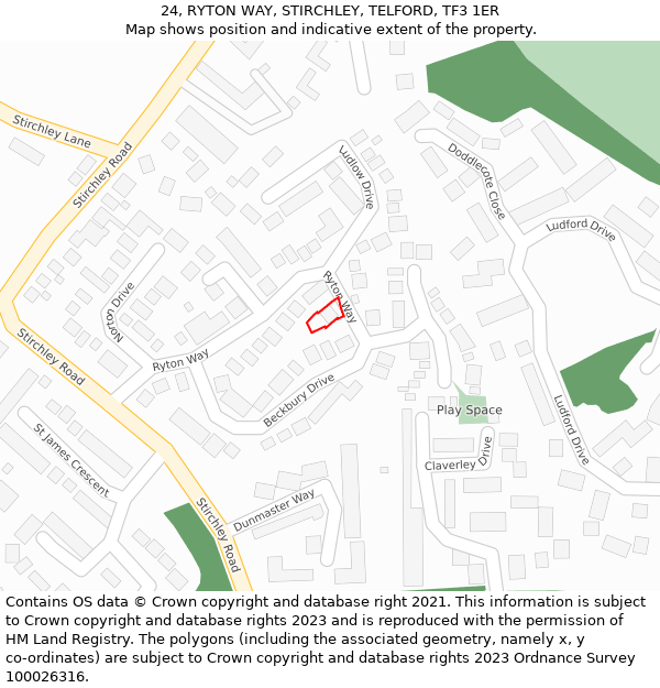 24, RYTON WAY, STIRCHLEY, TELFORD, TF3 1ER: Location map and indicative extent of plot