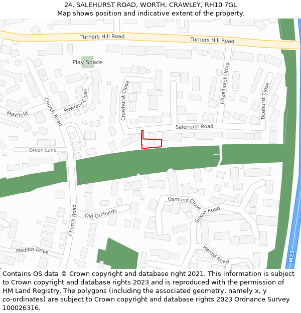 24, SALEHURST ROAD, WORTH, CRAWLEY, RH10 7GL: Location map and indicative extent of plot