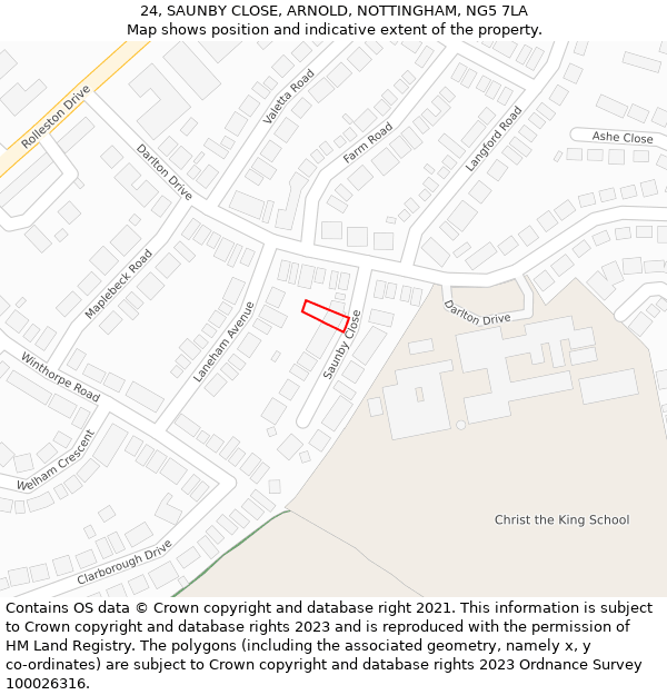 24, SAUNBY CLOSE, ARNOLD, NOTTINGHAM, NG5 7LA: Location map and indicative extent of plot