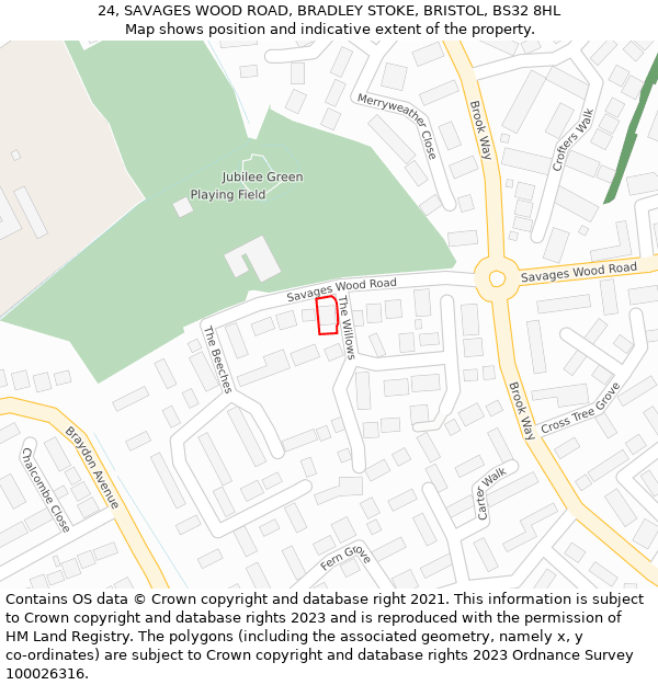 24, SAVAGES WOOD ROAD, BRADLEY STOKE, BRISTOL, BS32 8HL: Location map and indicative extent of plot