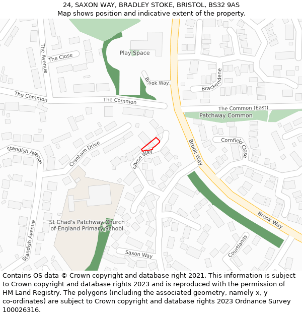 24, SAXON WAY, BRADLEY STOKE, BRISTOL, BS32 9AS: Location map and indicative extent of plot