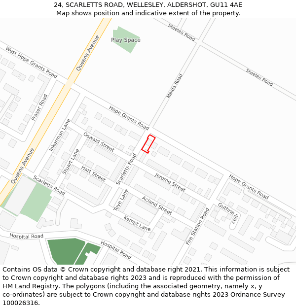 24, SCARLETTS ROAD, WELLESLEY, ALDERSHOT, GU11 4AE: Location map and indicative extent of plot