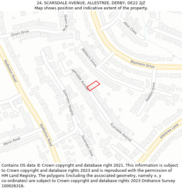 24, SCARSDALE AVENUE, ALLESTREE, DERBY, DE22 2JZ: Location map and indicative extent of plot