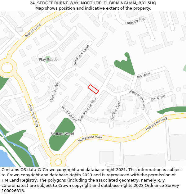 24, SEDGEBOURNE WAY, NORTHFIELD, BIRMINGHAM, B31 5HQ: Location map and indicative extent of plot