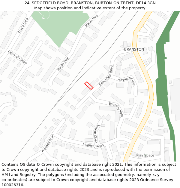 24, SEDGEFIELD ROAD, BRANSTON, BURTON-ON-TRENT, DE14 3GN: Location map and indicative extent of plot