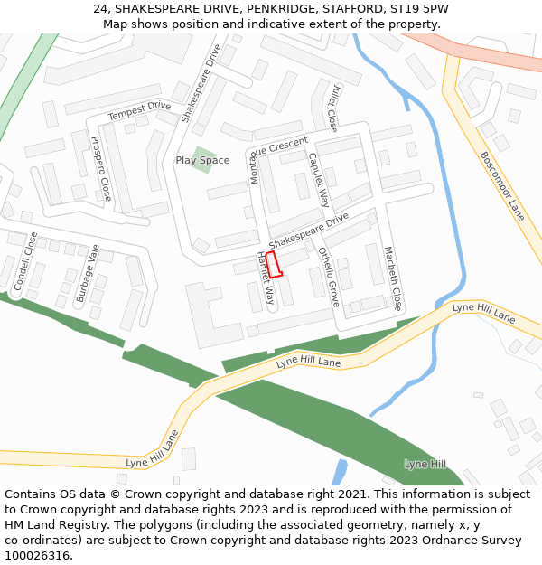 24, SHAKESPEARE DRIVE, PENKRIDGE, STAFFORD, ST19 5PW: Location map and indicative extent of plot