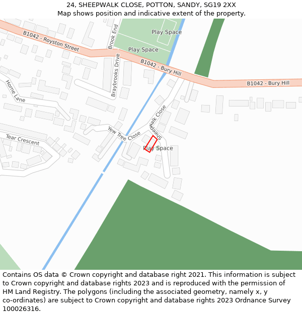 24, SHEEPWALK CLOSE, POTTON, SANDY, SG19 2XX: Location map and indicative extent of plot