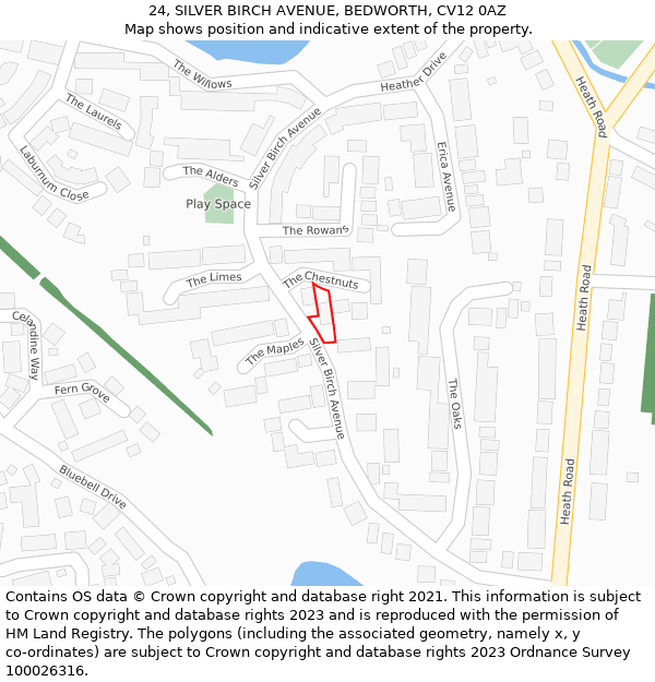 24, SILVER BIRCH AVENUE, BEDWORTH, CV12 0AZ: Location map and indicative extent of plot