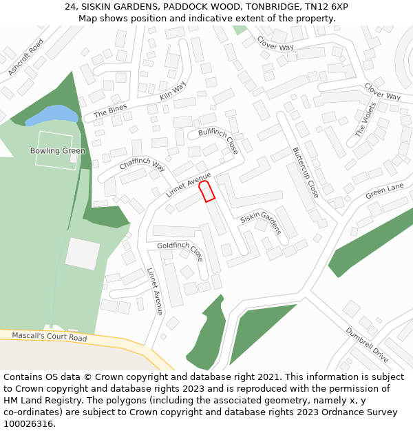 24, SISKIN GARDENS, PADDOCK WOOD, TONBRIDGE, TN12 6XP: Location map and indicative extent of plot