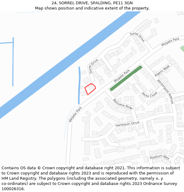 24, SORREL DRIVE, SPALDING, PE11 3GN: Location map and indicative extent of plot