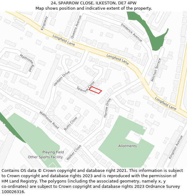 24, SPARROW CLOSE, ILKESTON, DE7 4PW: Location map and indicative extent of plot