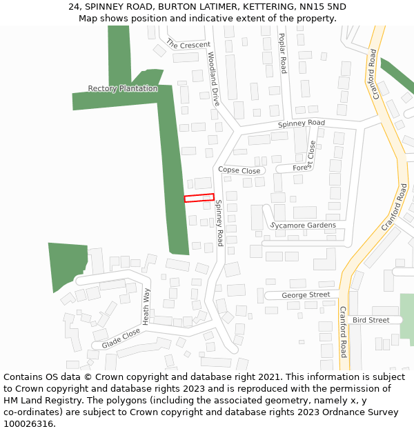 24, SPINNEY ROAD, BURTON LATIMER, KETTERING, NN15 5ND: Location map and indicative extent of plot