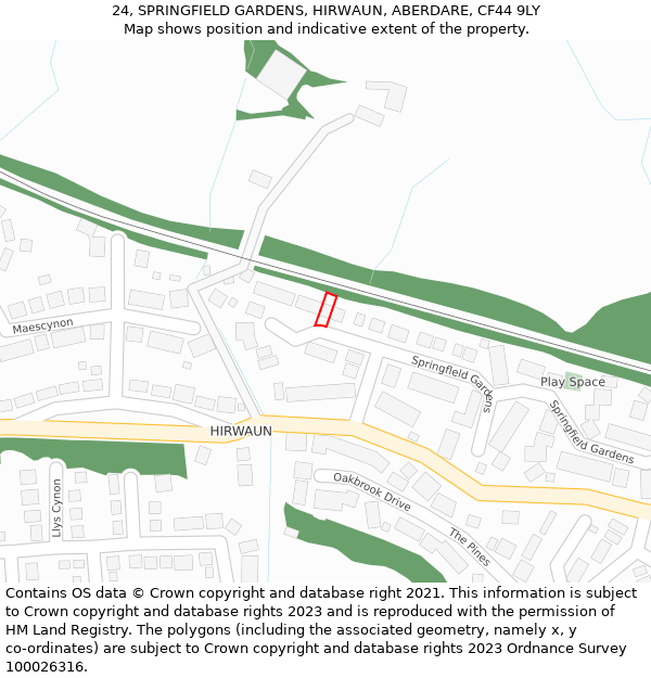 24, SPRINGFIELD GARDENS, HIRWAUN, ABERDARE, CF44 9LY: Location map and indicative extent of plot