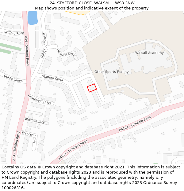 24, STAFFORD CLOSE, WALSALL, WS3 3NW: Location map and indicative extent of plot