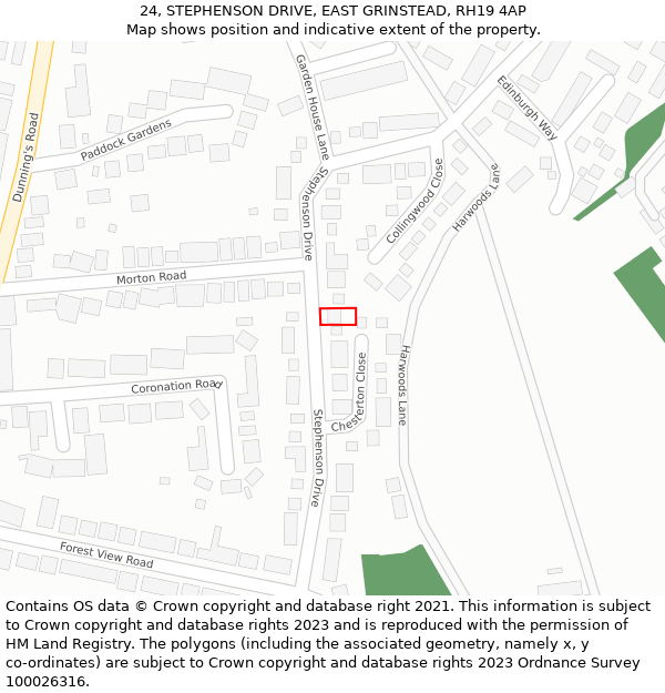 24, STEPHENSON DRIVE, EAST GRINSTEAD, RH19 4AP: Location map and indicative extent of plot