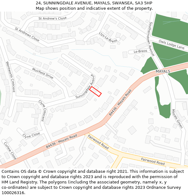 24, SUNNINGDALE AVENUE, MAYALS, SWANSEA, SA3 5HP: Location map and indicative extent of plot