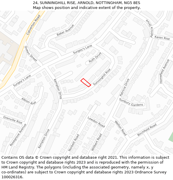 24, SUNNINGHILL RISE, ARNOLD, NOTTINGHAM, NG5 8ES: Location map and indicative extent of plot