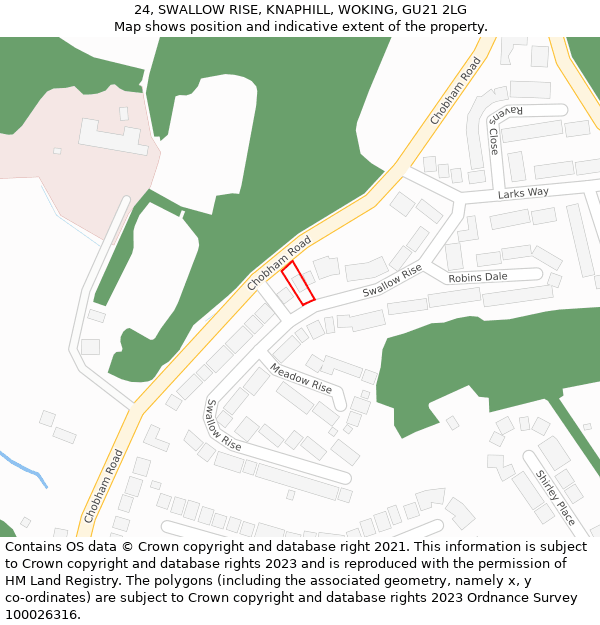 24, SWALLOW RISE, KNAPHILL, WOKING, GU21 2LG: Location map and indicative extent of plot