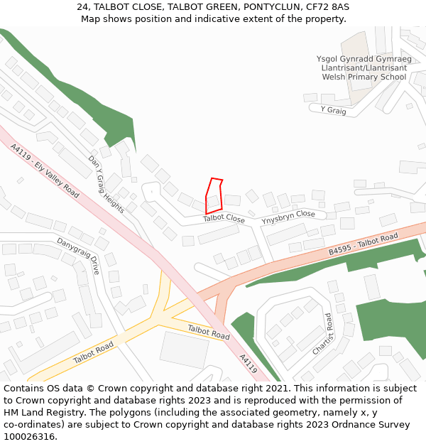 24, TALBOT CLOSE, TALBOT GREEN, PONTYCLUN, CF72 8AS: Location map and indicative extent of plot