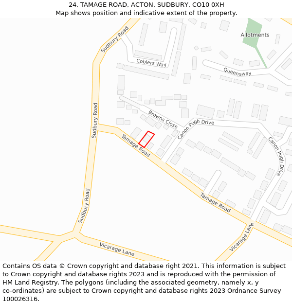 24, TAMAGE ROAD, ACTON, SUDBURY, CO10 0XH: Location map and indicative extent of plot