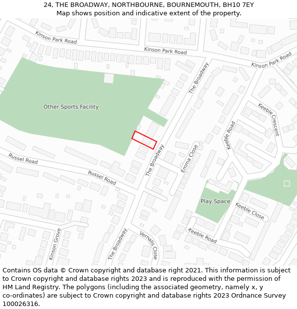 24, THE BROADWAY, NORTHBOURNE, BOURNEMOUTH, BH10 7EY: Location map and indicative extent of plot