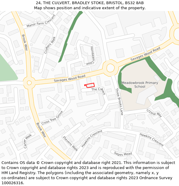 24, THE CULVERT, BRADLEY STOKE, BRISTOL, BS32 8AB: Location map and indicative extent of plot