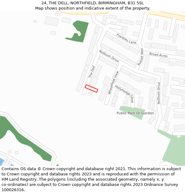 24, THE DELL, NORTHFIELD, BIRMINGHAM, B31 5SL: Location map and indicative extent of plot