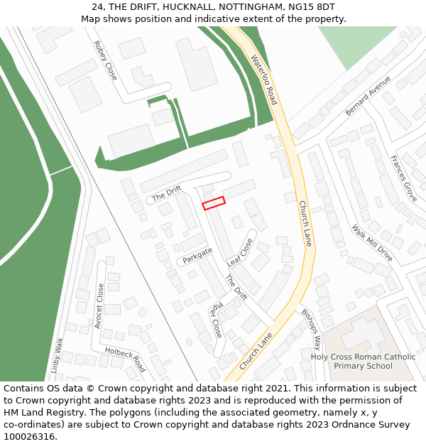 24, THE DRIFT, HUCKNALL, NOTTINGHAM, NG15 8DT: Location map and indicative extent of plot