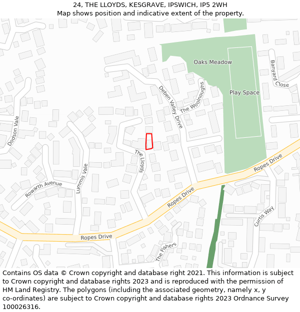 24, THE LLOYDS, KESGRAVE, IPSWICH, IP5 2WH: Location map and indicative extent of plot